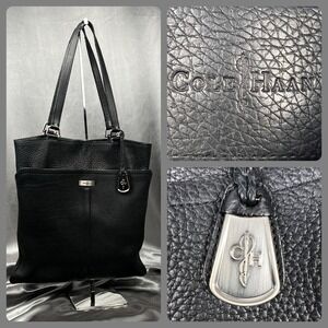 Cole Haan Mercy Tech Pebbled Leather Tote Black Bag Charm Magnetic Closure 14"